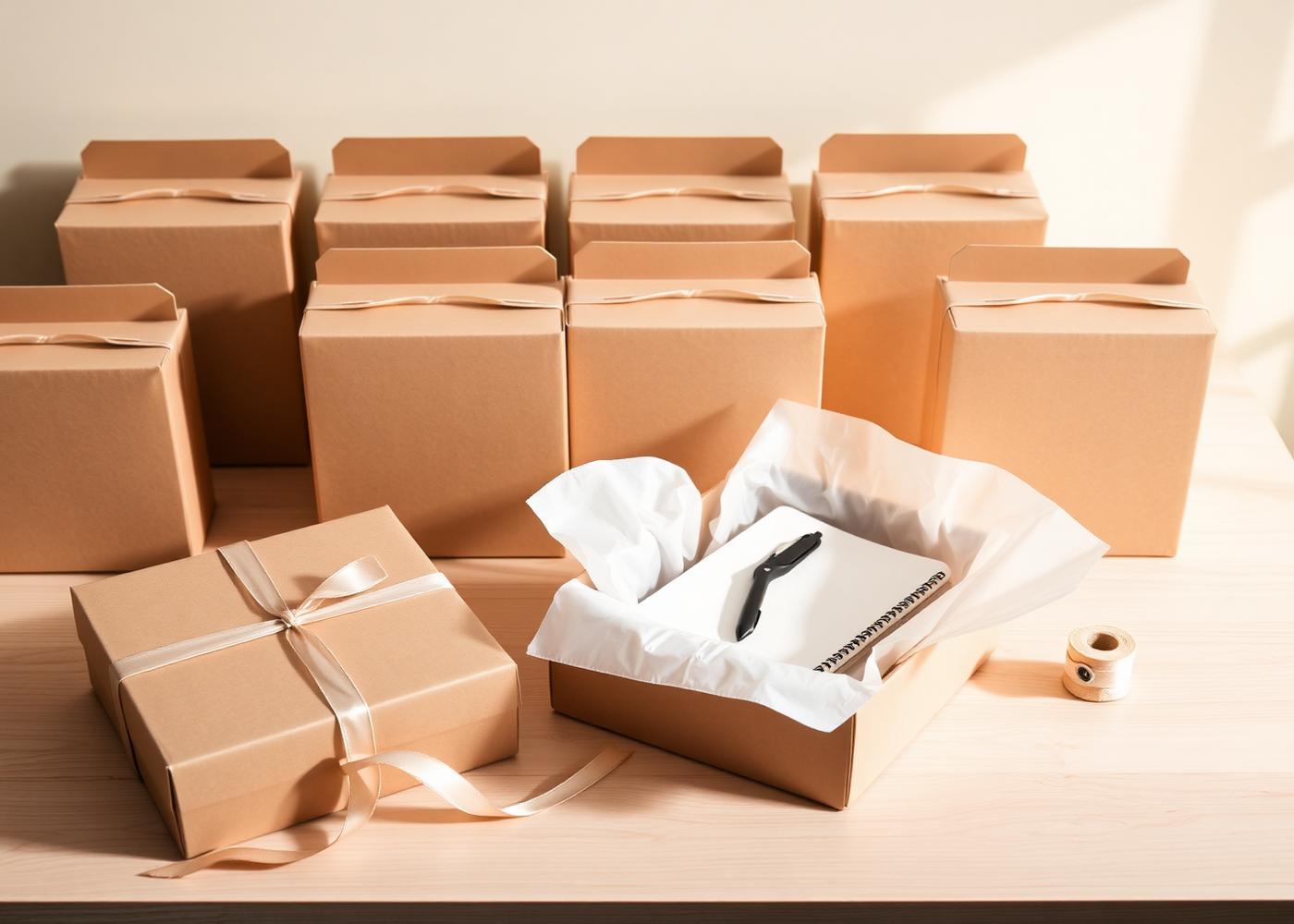 Rows of plain kraft gift boxes on a workbench, one open showing a notebook packed in tissue paper