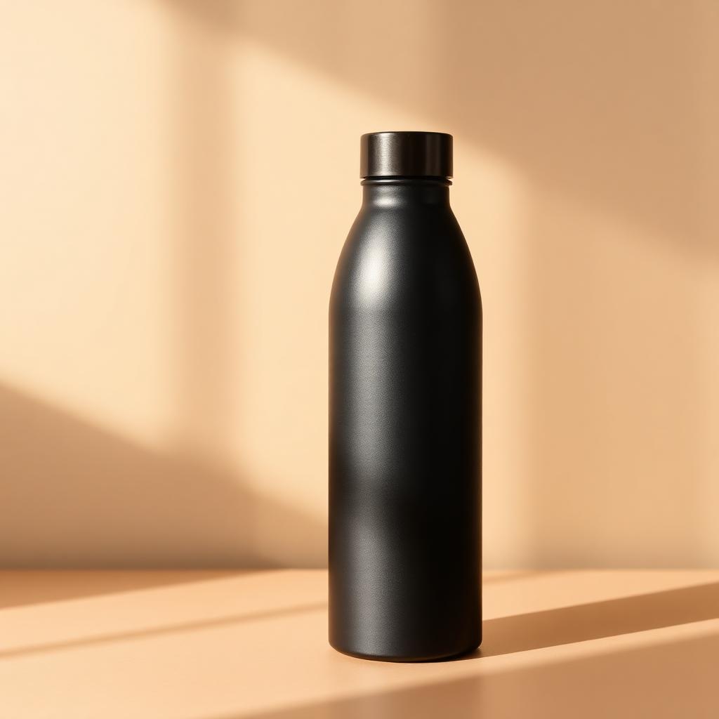 Matte black reusable water bottle standing in daylight