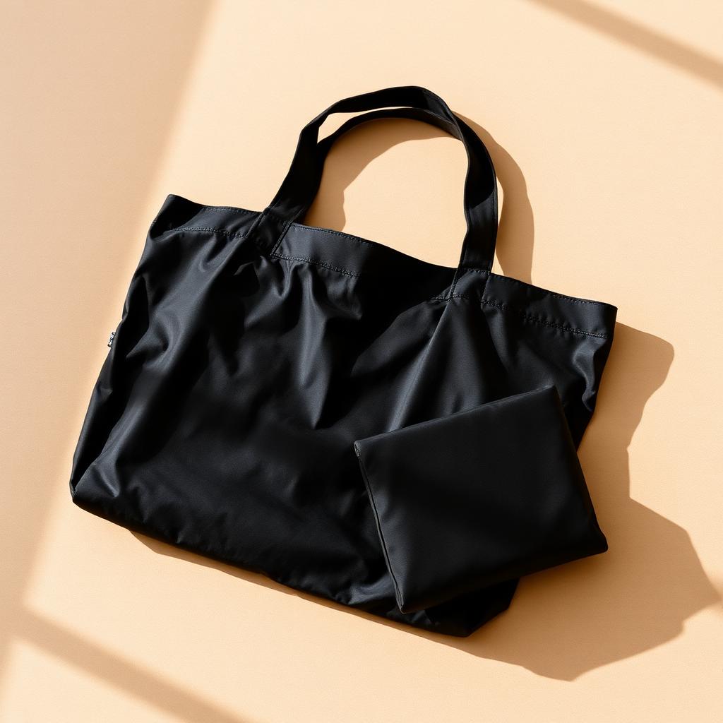 Black fold-flat tote bag beside its folded storage pouch