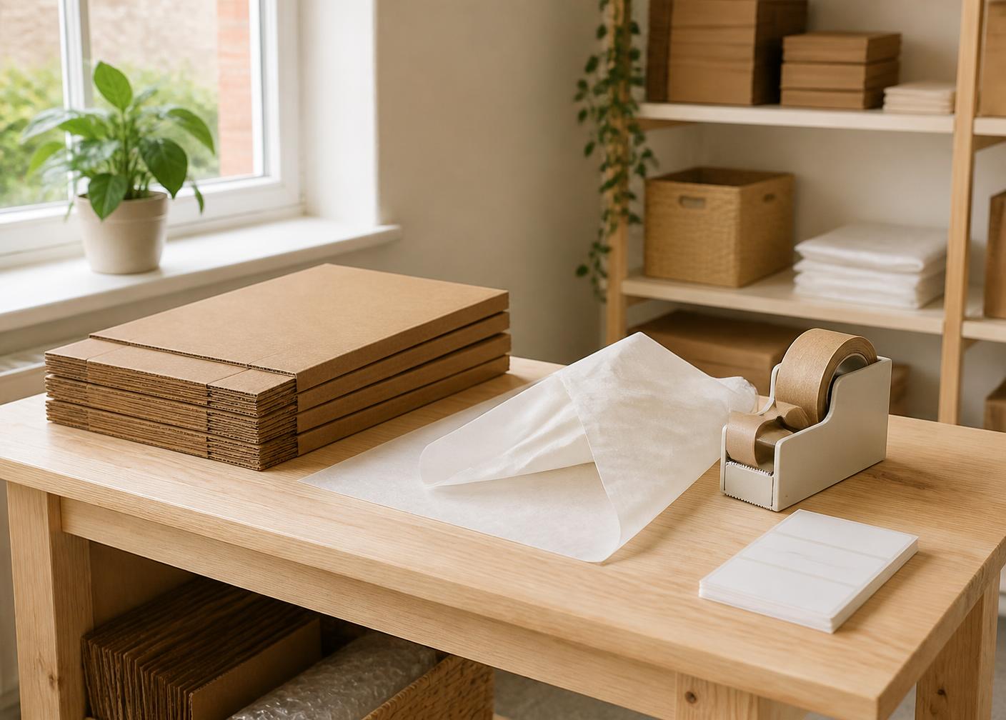 Packing bench with flat kraft boxes, tissue paper, paper tape and blank shipping labels
