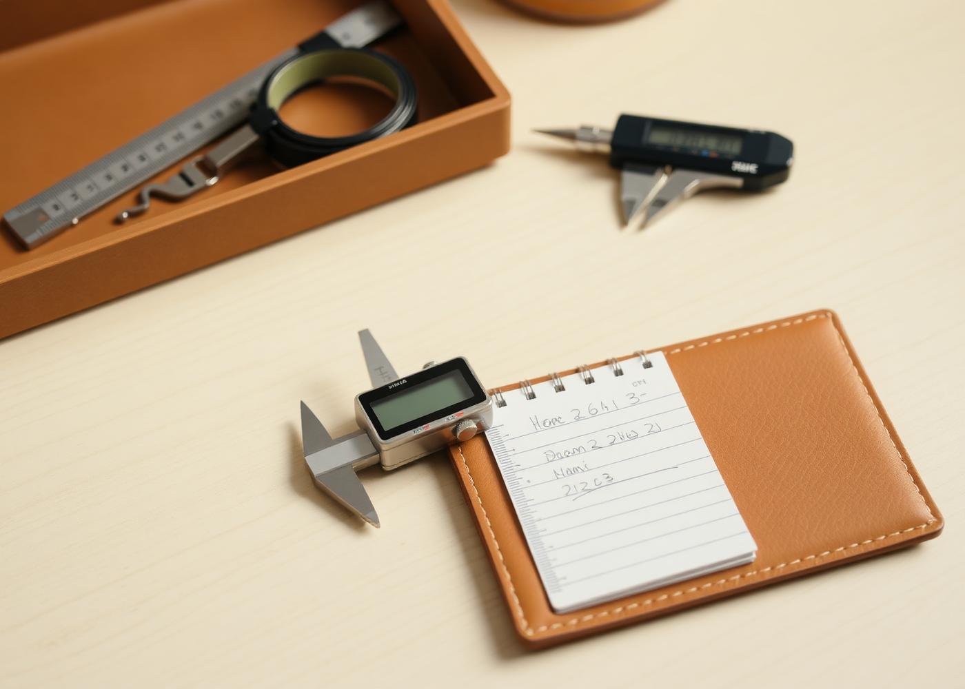 Digital calipers and a measuring tape beside a leather tray and notepad of recorded measurements
